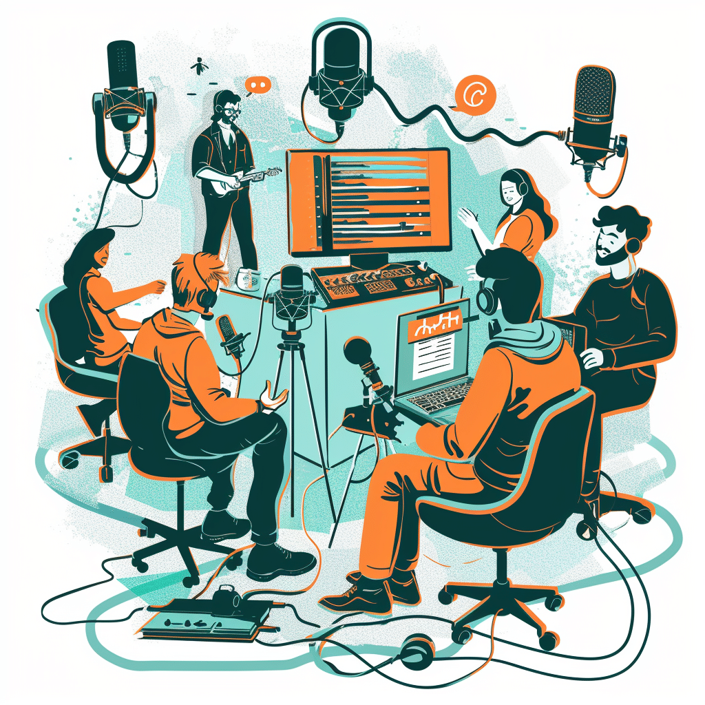 Professionals working on concept development, scripting, recording, editing, and distribution in a podcast production agency.