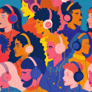 Listeners from various backgrounds wearing headphones, engrossed in listening to podcasts.