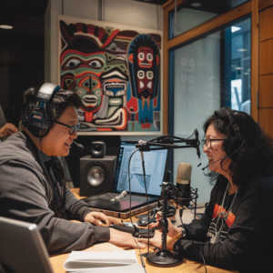 Indigenous podcast studio with cultural artwork and a podcast producer and host in discussion.