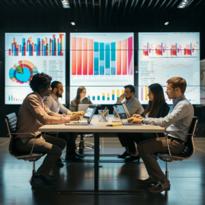 B2B executives at a conference table discussing thought leadership strategies, with digital enhancements showing graphs and the phrase 'Thought Leadership Strategy Examples.'