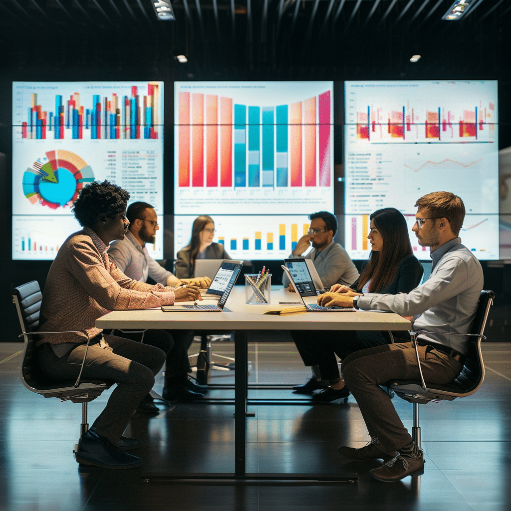 B2B executives at a conference table discussing thought leadership strategies, with digital enhancements showing graphs and the phrase 'Thought Leadership Strategy Examples.'