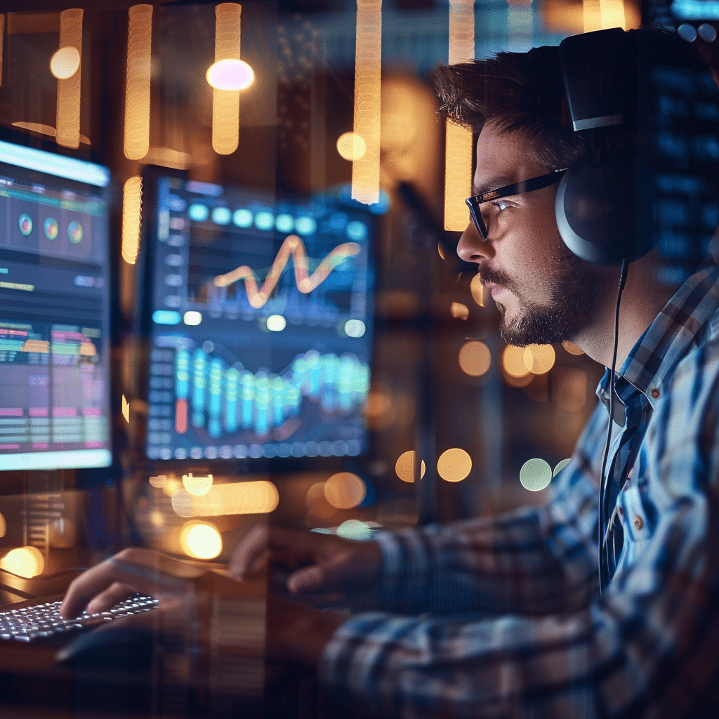 A marketer using advanced tools to integrate podcast performance data with broader marketing analytics.