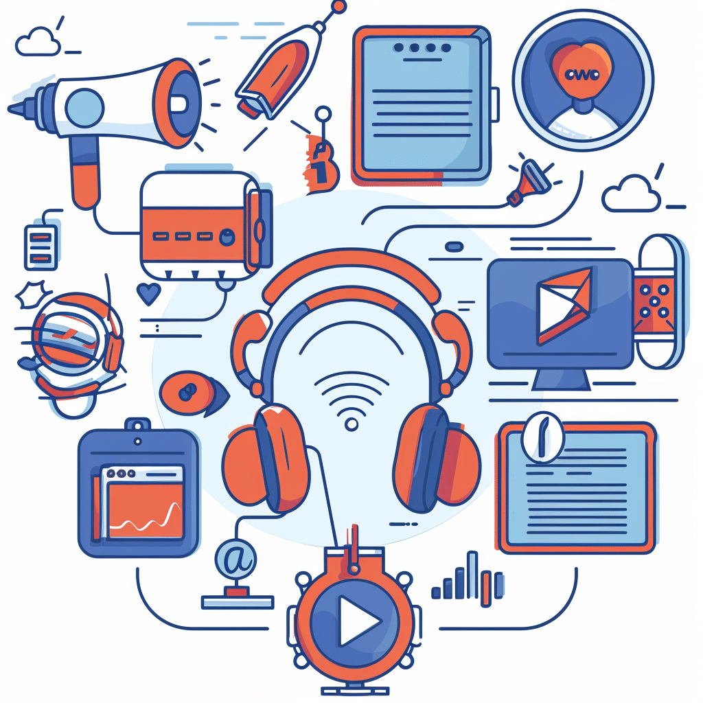 Icons representing marketing and distribution in podcast production, including social media and analytics.