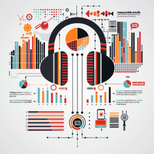An image illustrating key metrics for achieving measurable results in B2B podcasts, including download numbers, listener retention, and engagement rates.