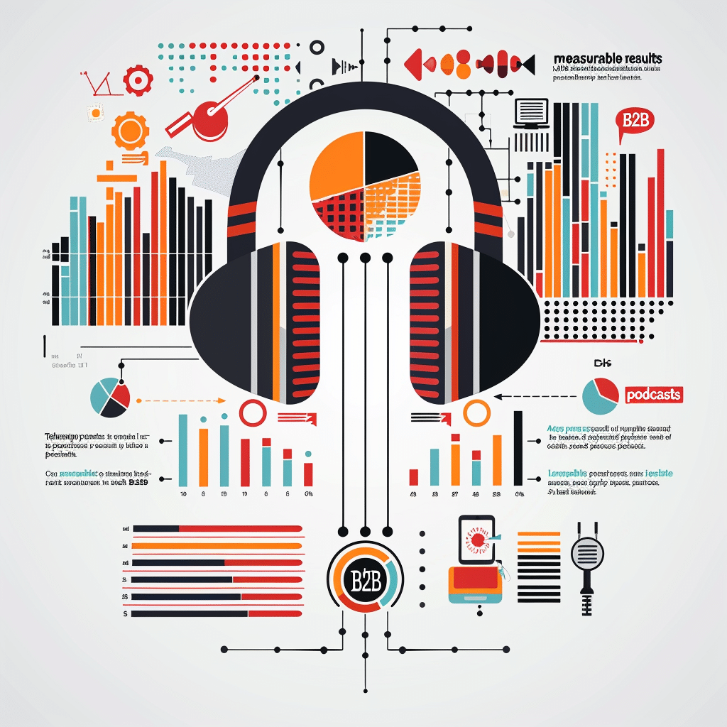 An image illustrating key metrics for achieving measurable results in B2B podcasts, including download numbers, listener retention, and engagement rates.