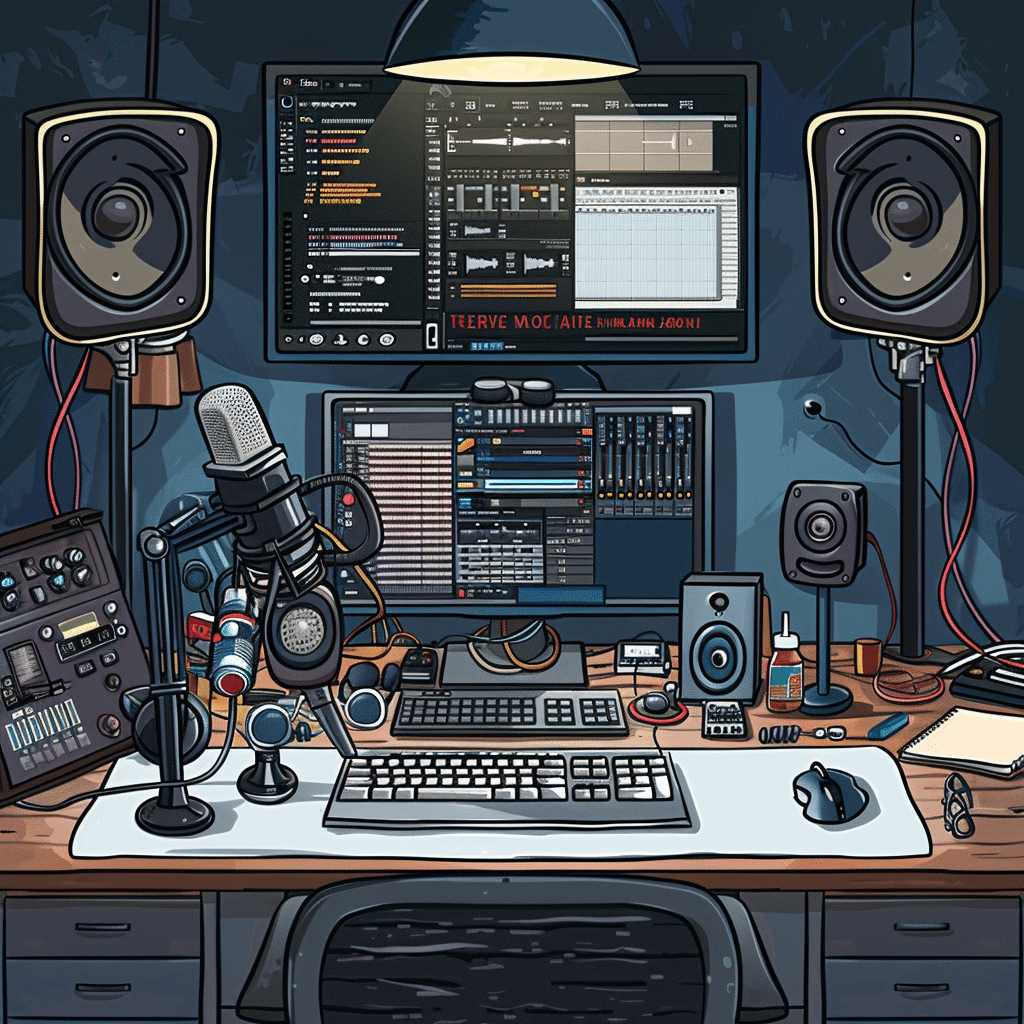 Specialized equipment and thematic elements at a niche podcast production agency working on true crime or business podcasts.
