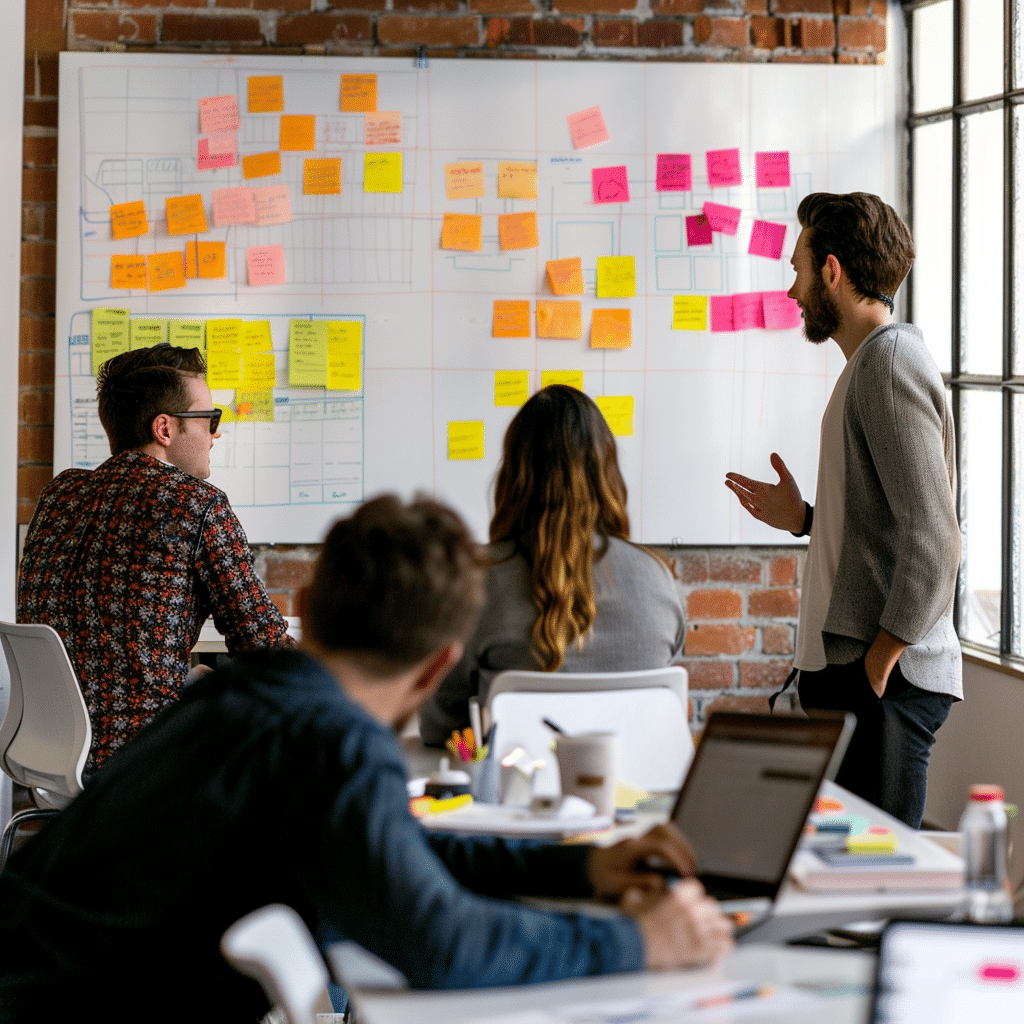 Team members brainstorming podcast concepts in a modern office setting.
