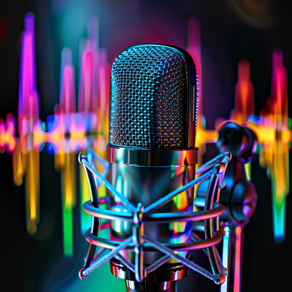 Podcast host recording with sound waves, symbolizing podcast content creation.