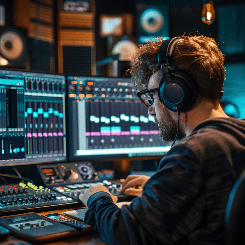 Sound engineer editing podcast audio on software, showcasing full service podcast agency.