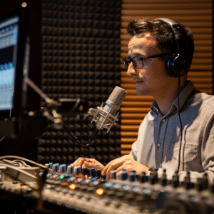 Podcast producer in a modern studio working on audio equipment with a branded microphone.