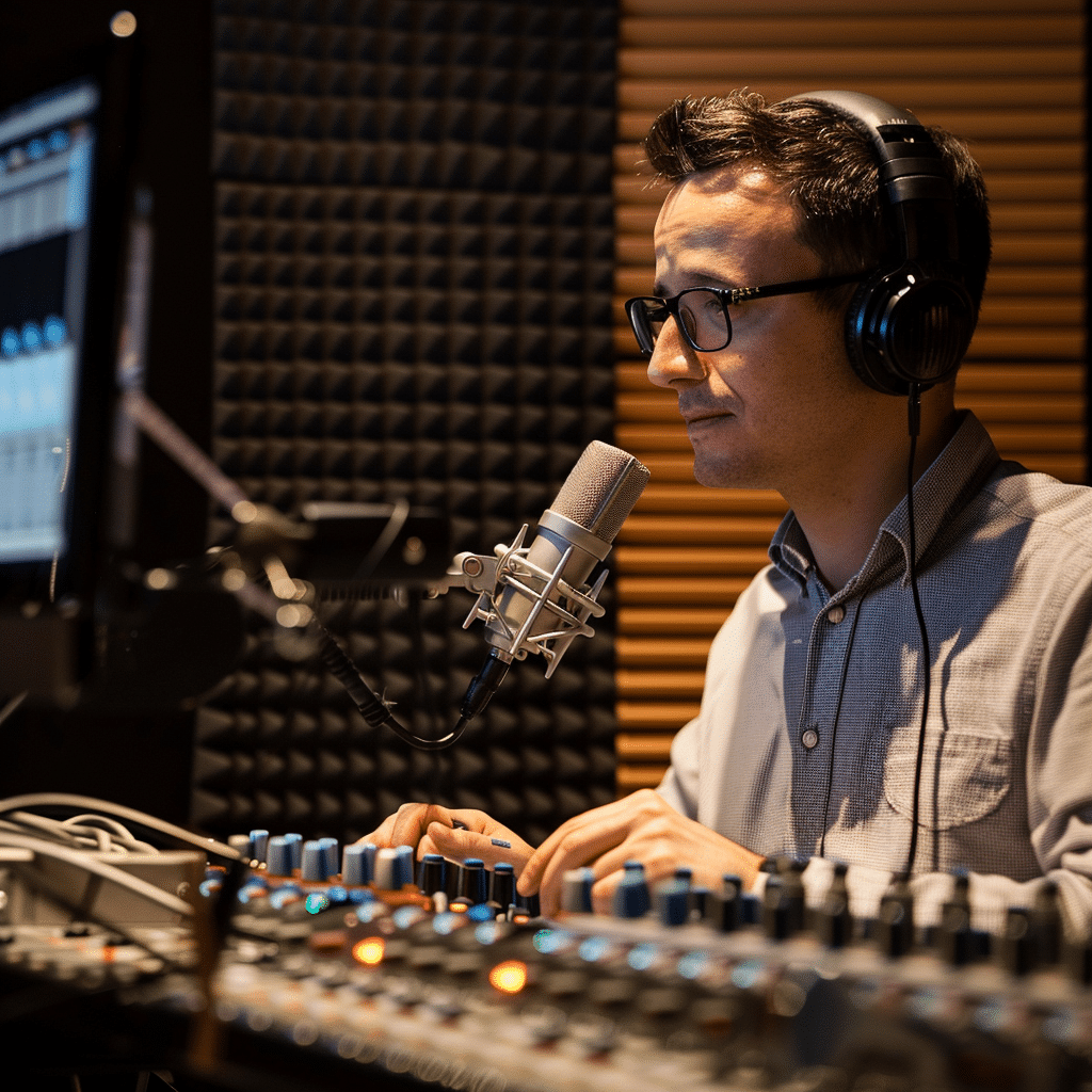 Podcast producer in a modern studio working on audio equipment with a branded microphone.