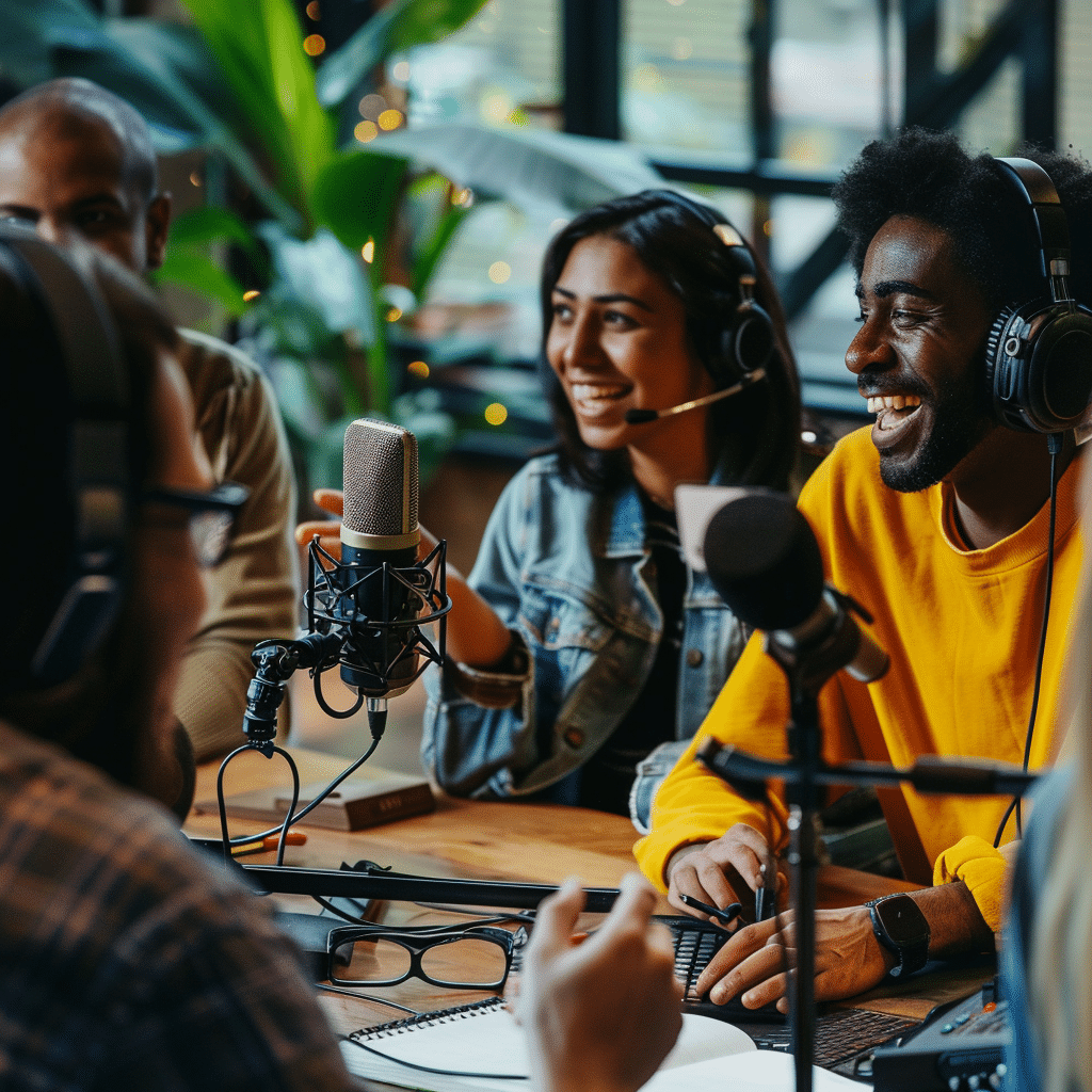 Group discussing with podcast equipment, illustrating podcast storytelling techniques.