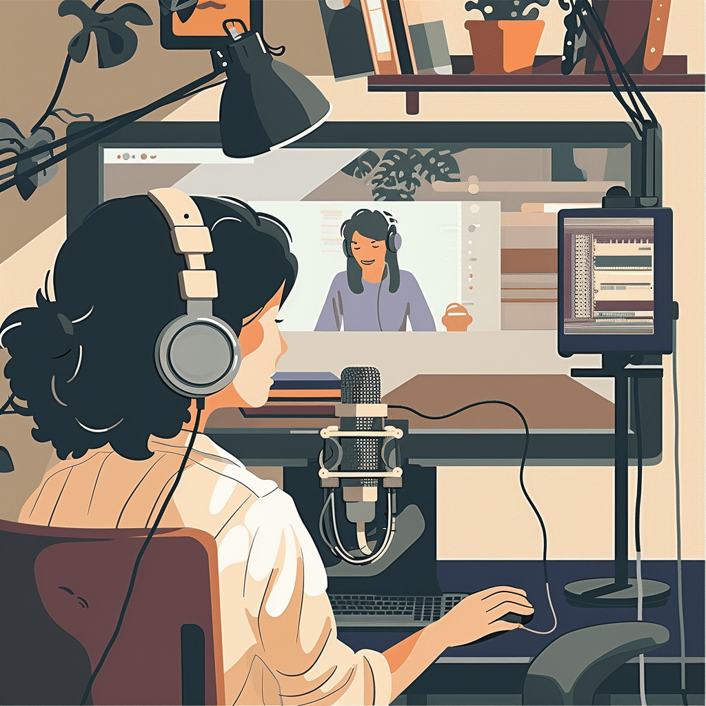 A podcast host pre-interviewing a guest via video call, symbolizing the preparation needed for a successful branded podcast strategy.