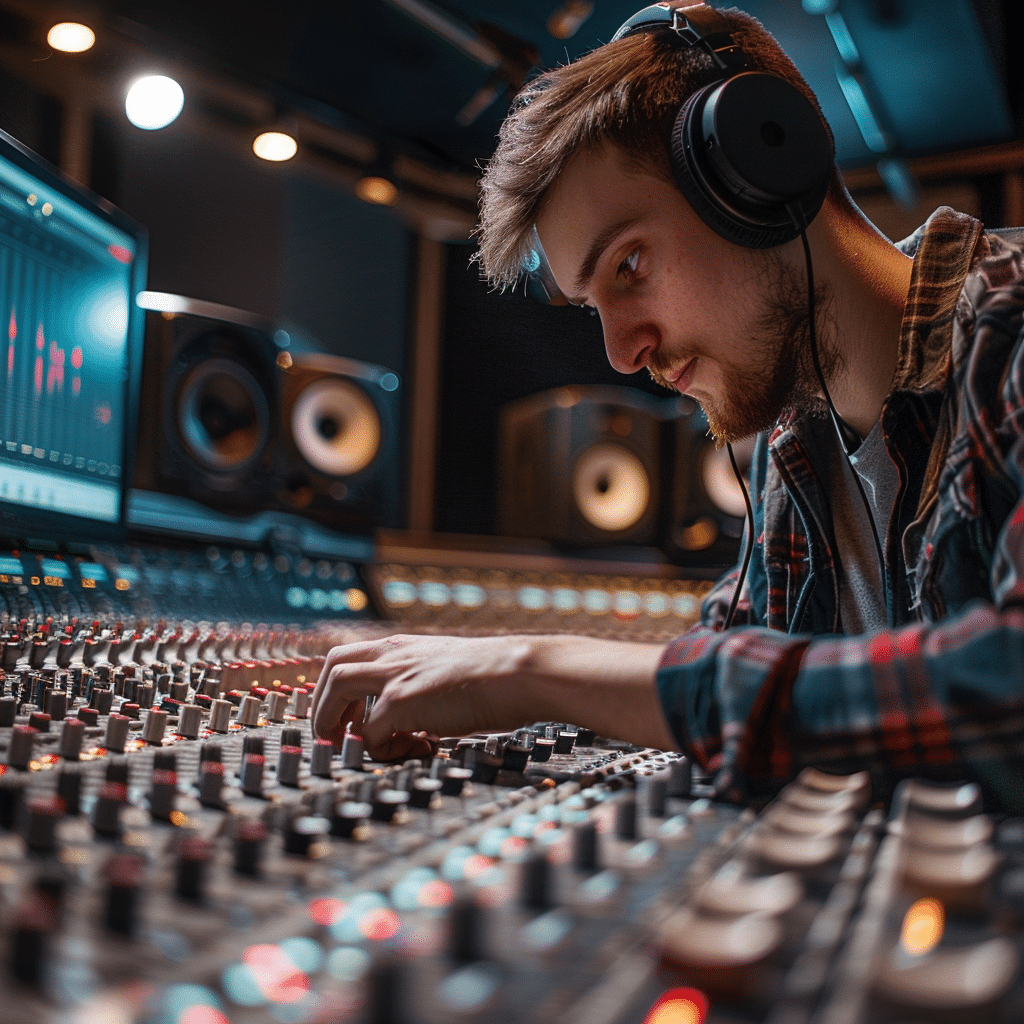 A sound engineer at work, illustrating the technical expertise in a podcast production company.