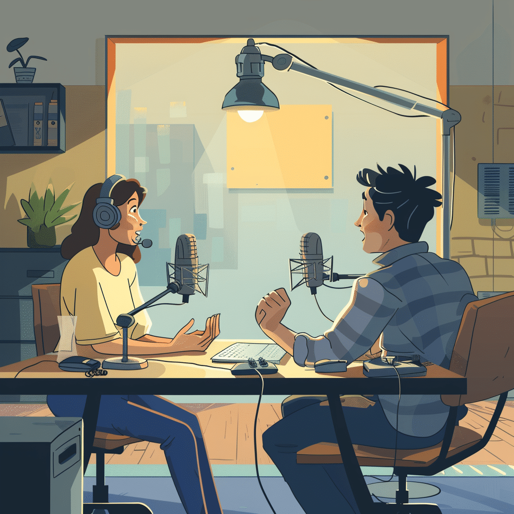 Podcast producer interviewing a guest in a professional studio with microphones and soundproofing panels.