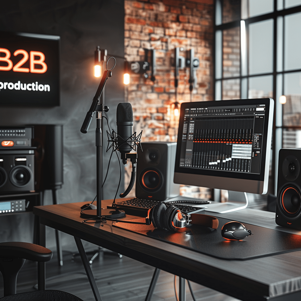 Image of a professional podcast studio setup for B2B podcast production, featuring a microphone, headphones, and a computer with sound editing software in a modern studio.