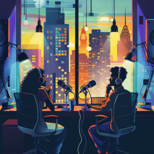 Modern podcast studio setup with hosts recording a branded podcast, highlighting professional audio gear and creative interior design.