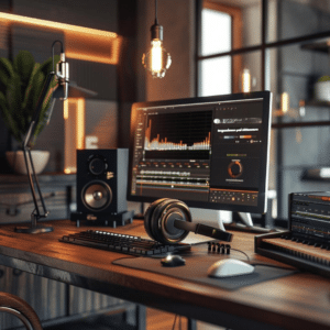 Image of a professional podcast studio setup for engaging business podcast listeners, featuring a microphone, headphones, and a computer with sound editing software in a modern studio.