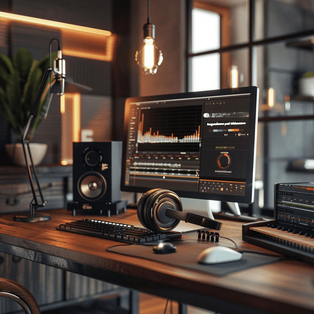 Image of a professional podcast studio setup for engaging business podcast listeners, featuring a microphone, headphones, and a computer with sound editing software in a modern studio.