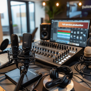Professional podcast studio setup with microphones, headphones, and a mixing console, highlighting full service podcast agency.