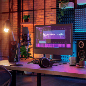 Podcast producer in a modern studio with a microphone, headphones, and audio waveforms on a computer screen.