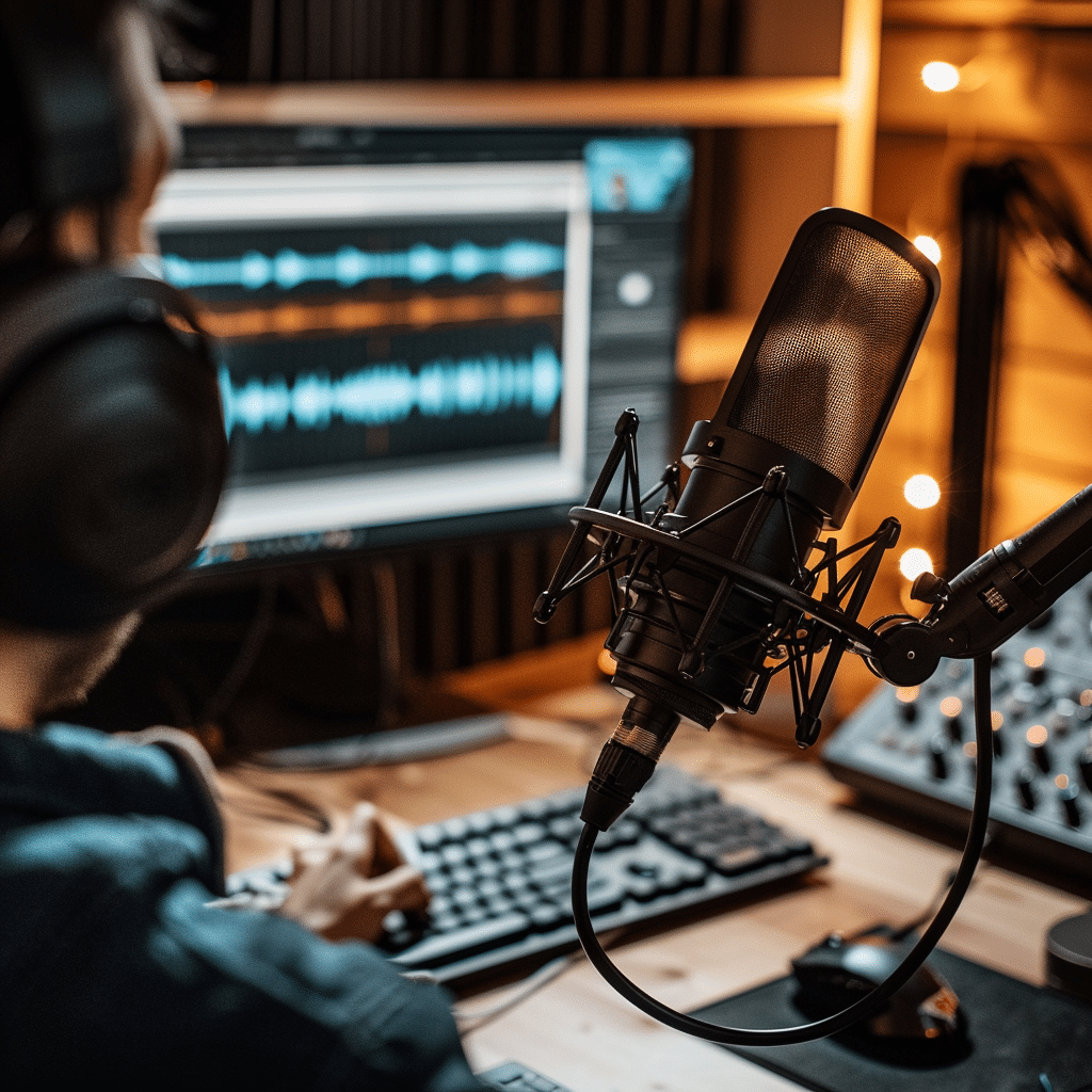 Person recording and editing a podcast with professional audio equipment and software.