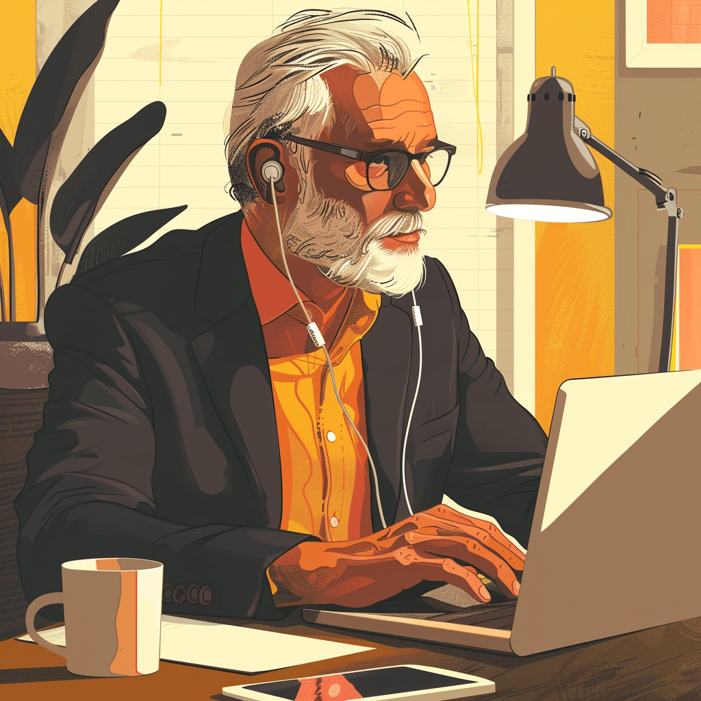 Senior executive in an office setting listening to a B2B podcast on a tablet.
