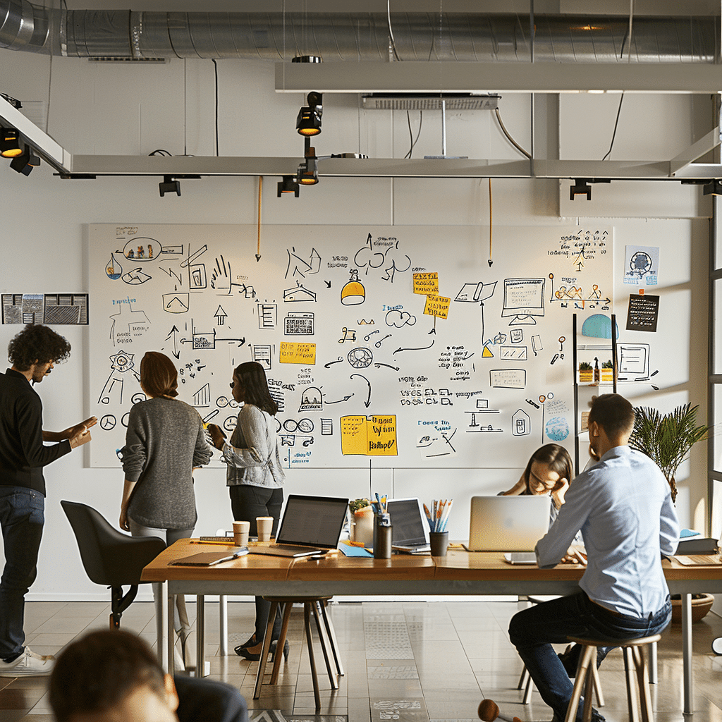 Professionals in a workshop setting brainstorming on a whiteboard filled with thought leadership strategy examples.