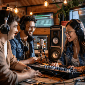Professionals collaborating in a modern studio with audio equipment, representing a podcast production agency.