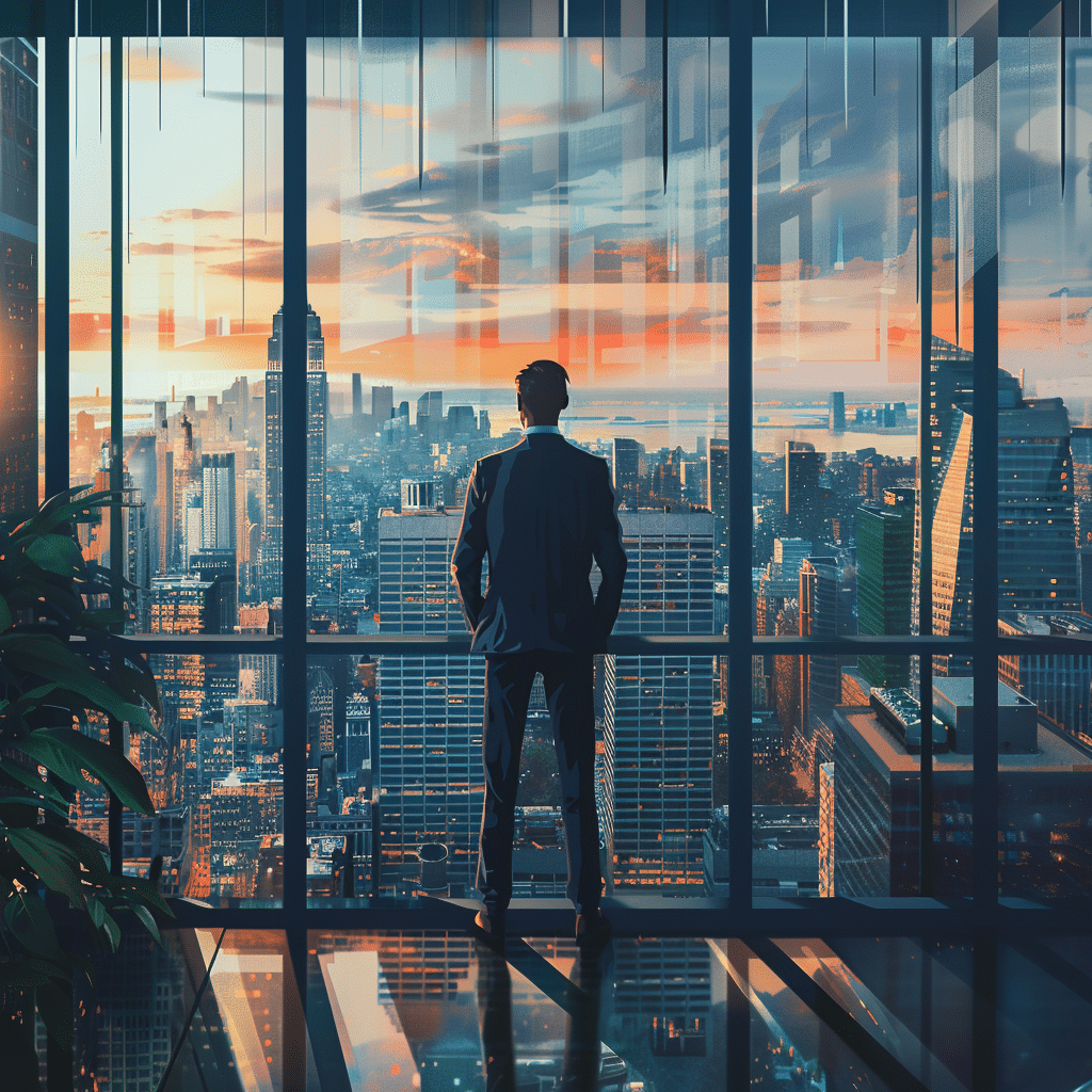 A B2B leader in an office overlooking the city, contemplating thought leadership strategy examples.