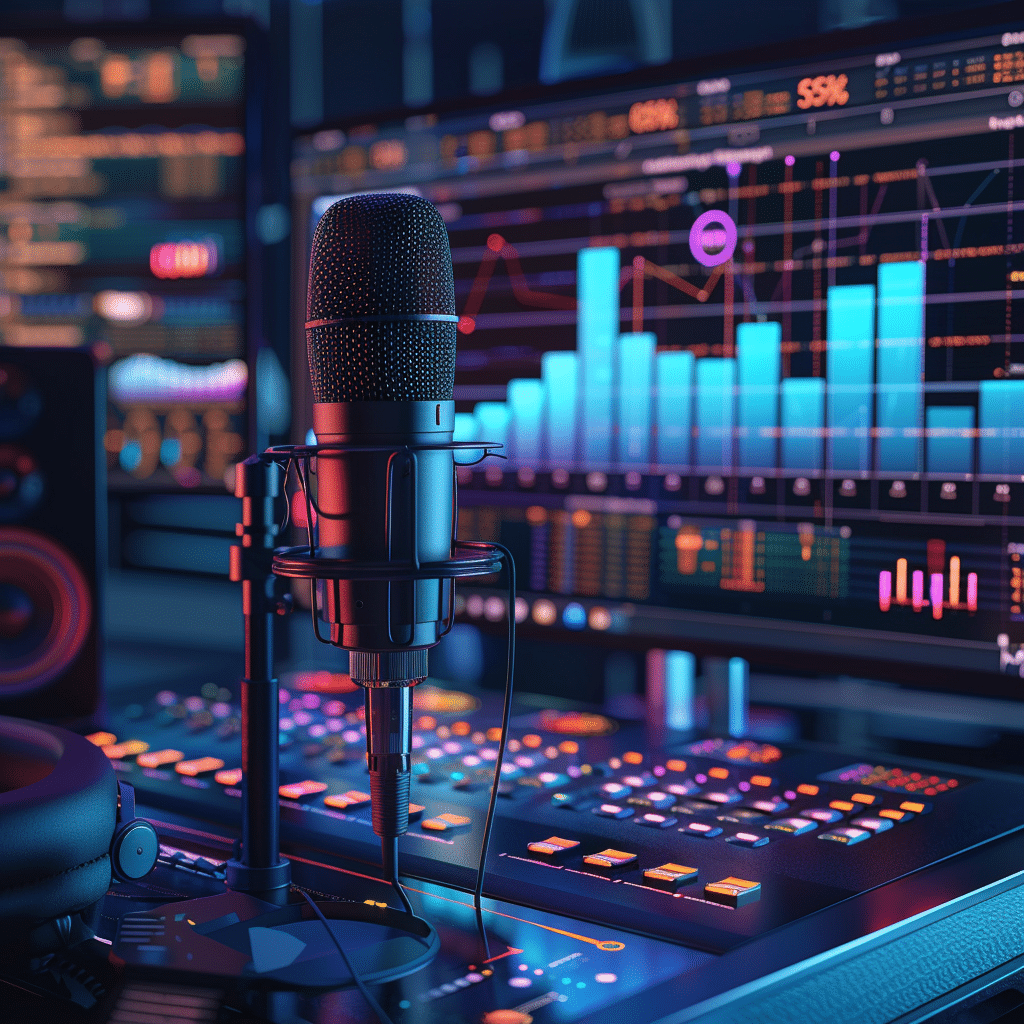 Podcast studio setup with modern equipment and a digital ROI graph, representing the impact of branded podcasts in marketing.