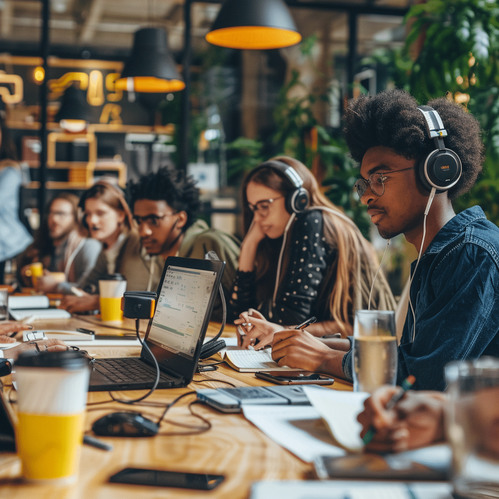 Young professionals in a business meeting listening to B2B podcasts.