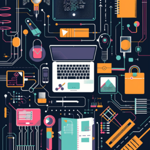 An illustration showcasing the technological and creative tools used by a podcast agency, featuring a laptop, audio equipment, digital devices, and abstract circuit board patterns, symbolizing the synergy between technology and artistic expression in modern media production.