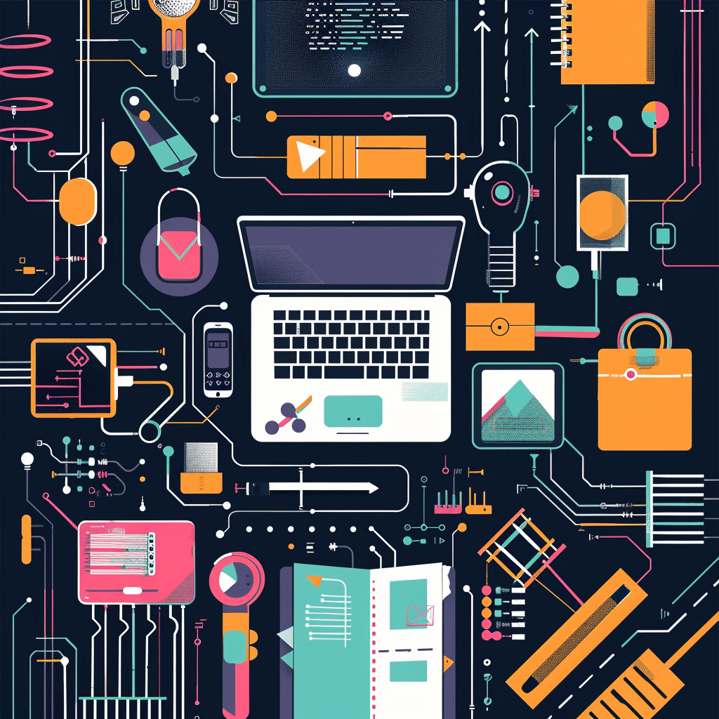 An illustration showcasing the technological and creative tools used by a podcast agency, featuring a laptop, audio equipment, digital devices, and abstract circuit board patterns, symbolizing the synergy between technology and artistic expression in modern media production.
