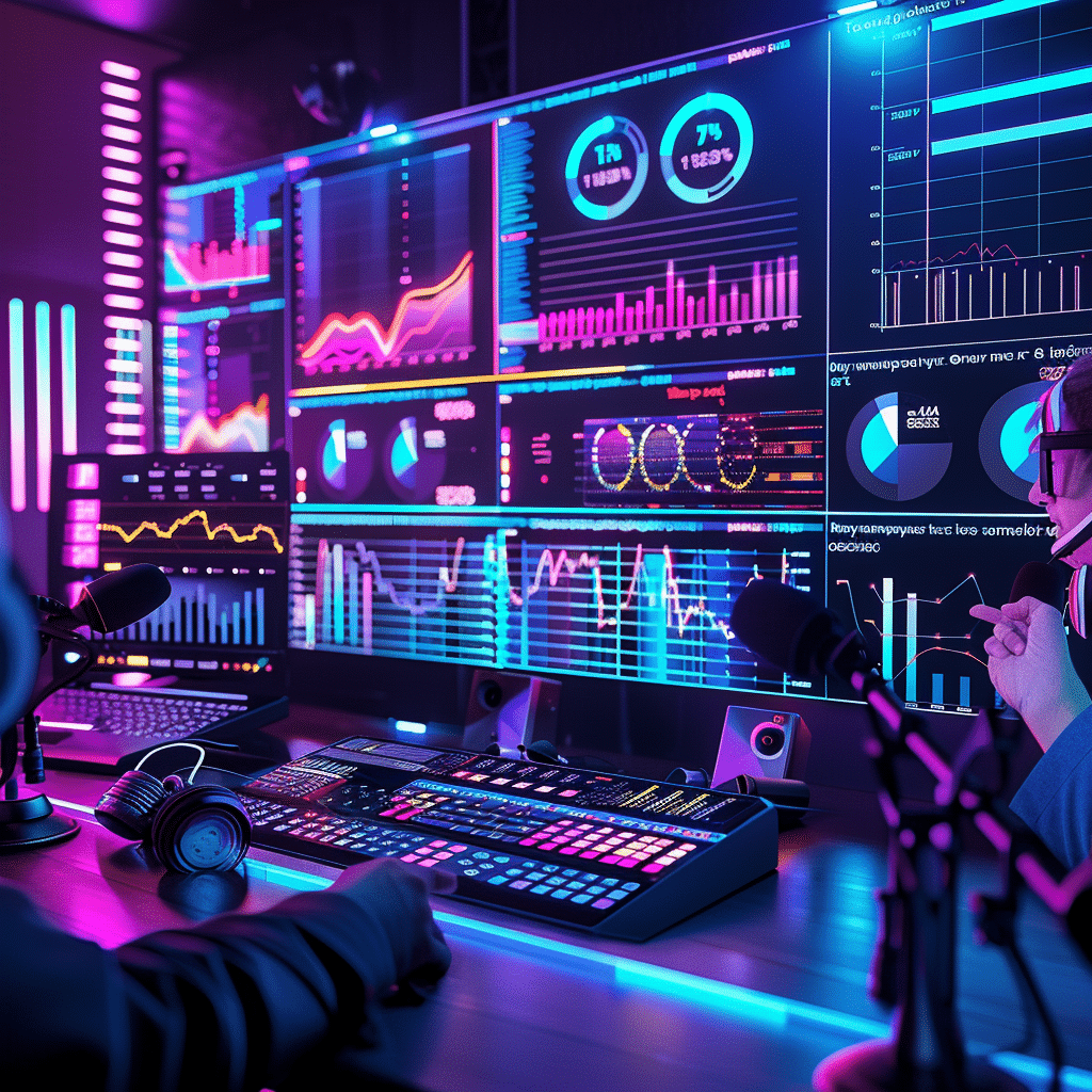 Podcast studio with hosts discussing, surrounded by engagement rate analytics on a digital display.