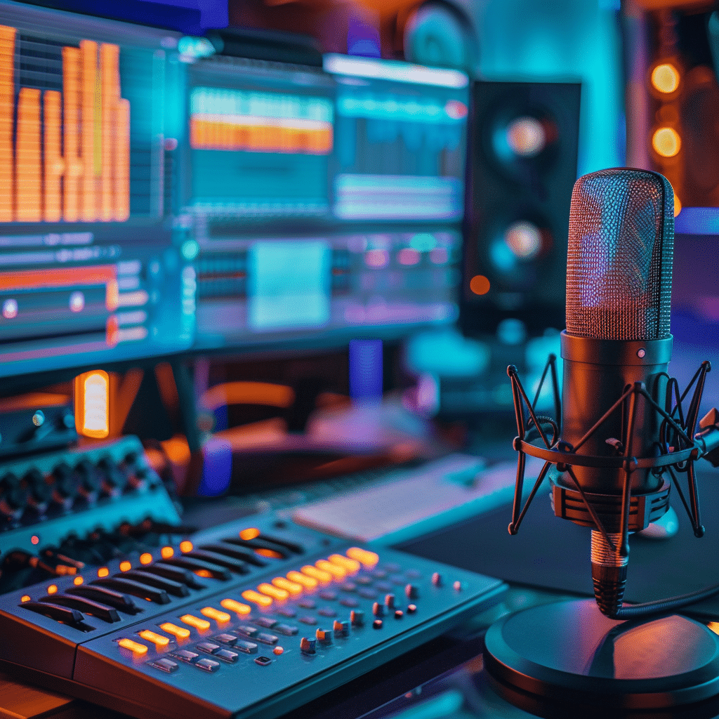 A podcast production studio with a team working on business content, featuring microphones, audio equipment, and business-themed decorations like charts and graphs.