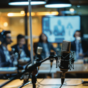 Business professionals in a high-tech environment recording a B2B podcast.