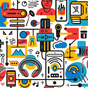 Illustration of Canadian podcast stats, featuring mobile devices, YouTube, Apple Podcasts, and genres like True Crime and Comedy.