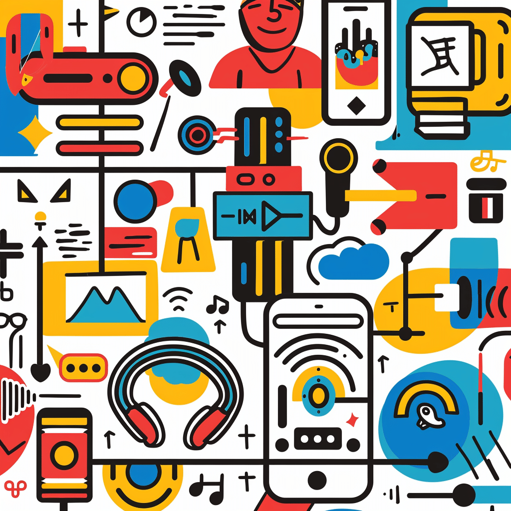 Illustration of Canadian podcast stats, featuring mobile devices, YouTube, Apple Podcasts, and genres like True Crime and Comedy.