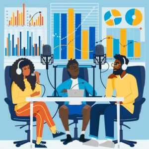 Diverse individuals in a podcast studio, with charts showing audience growth metrics in the background.