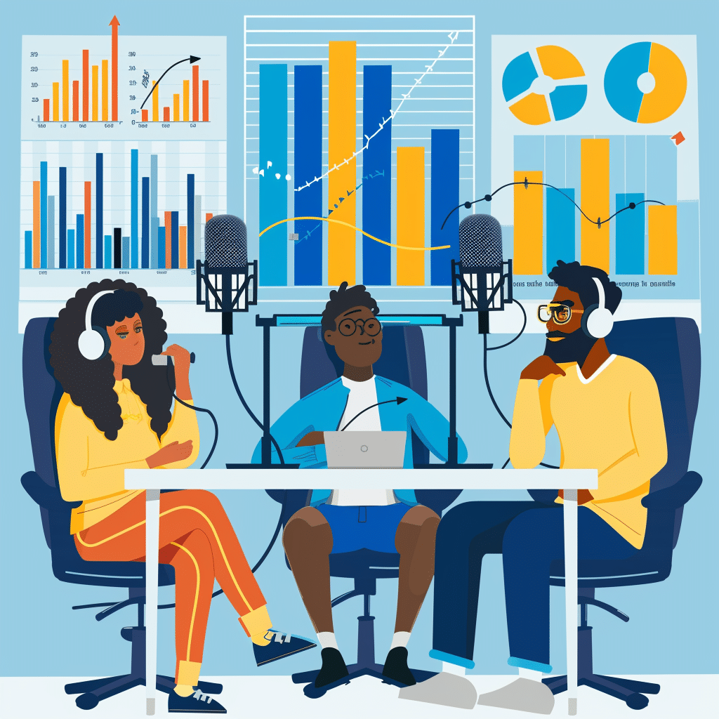 Diverse individuals in a podcast studio, with charts showing audience growth metrics in the background.