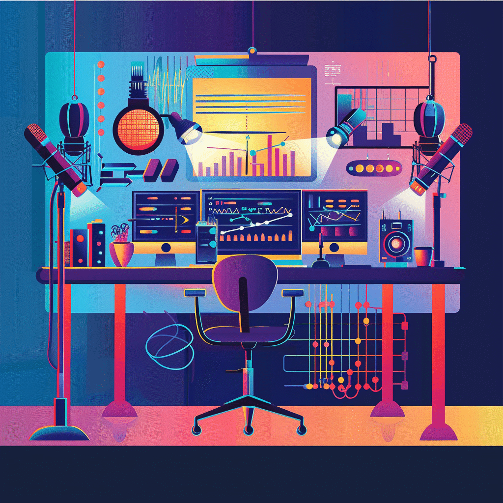 A podcast production studio with consultants working on content, featuring microphones, audio equipment, and consulting-themed decorations like charts, graphs, and business icons.