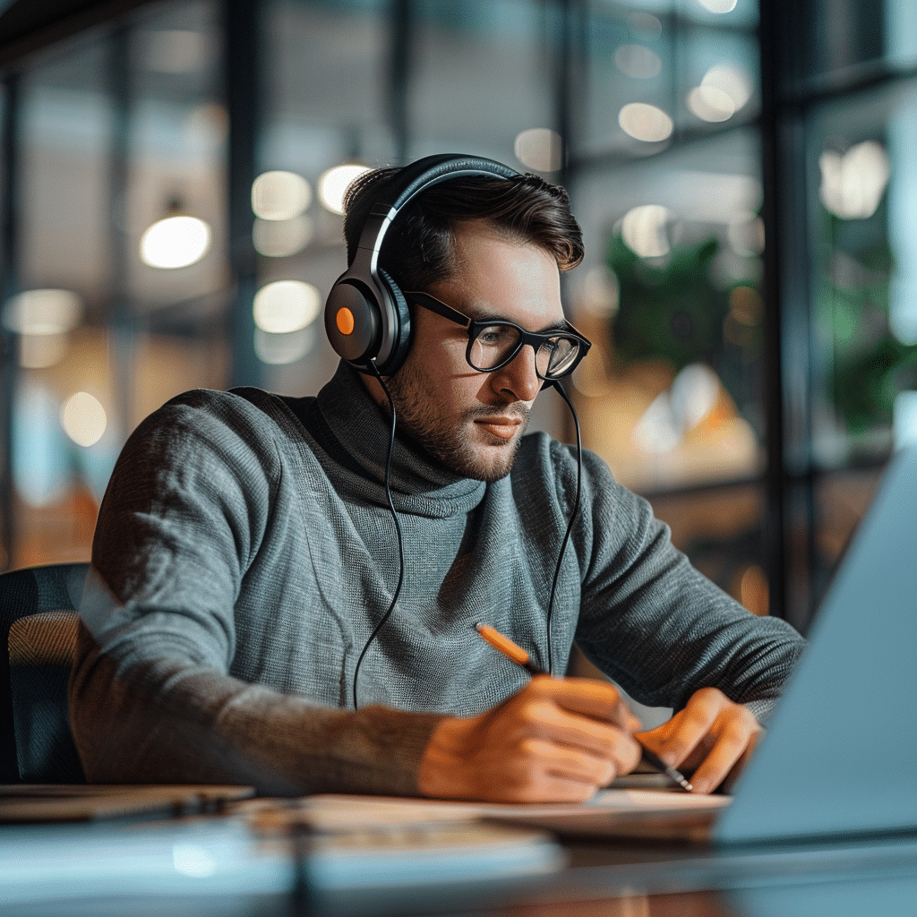 A listener with headphones enjoying a financial podcast, taking notes in a modern office setting.