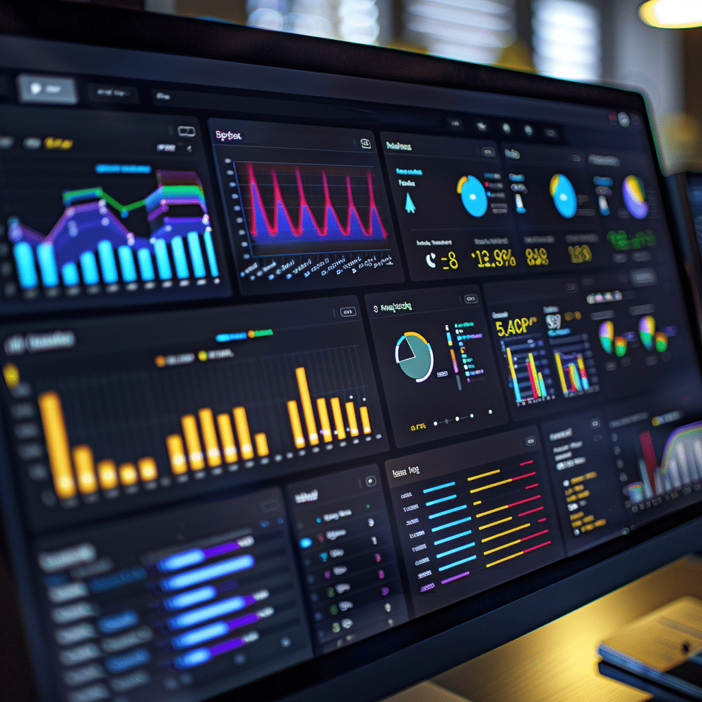 A digital dashboard with podcast analytics showing listener demographics, engagement rates, and growth trends.