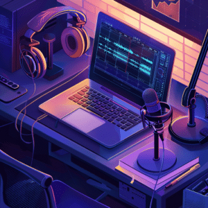 An inviting podcast setup with storytelling elements highlighting brand storytelling through podcasts.