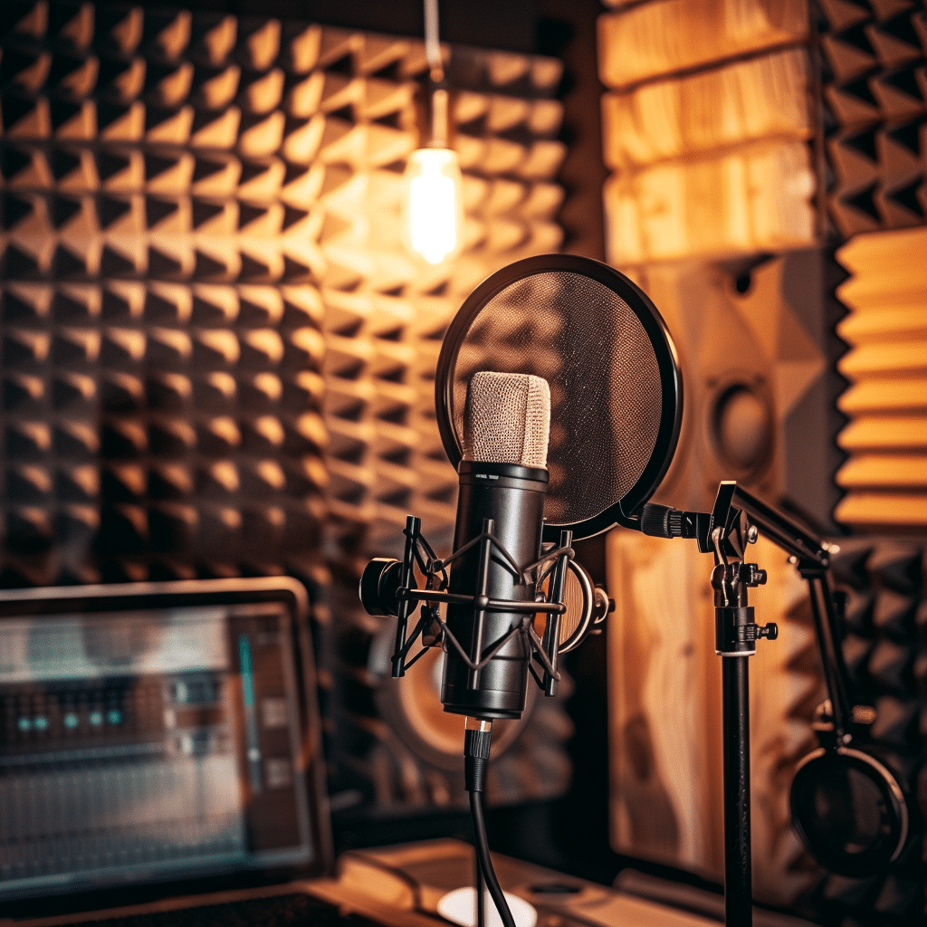 Professional podcast studio with branded microphones and headphones.