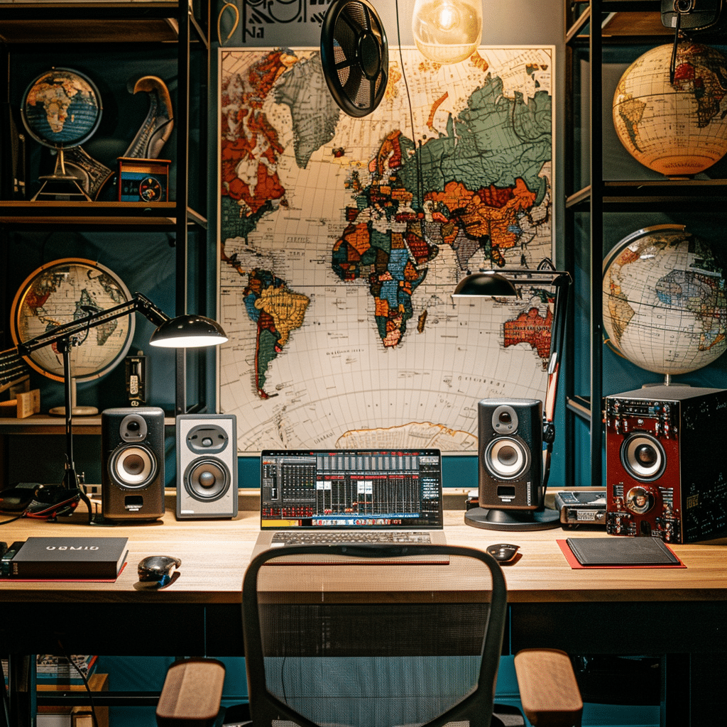 A podcast production studio with a team working on travel content, featuring microphones, audio equipment, and travel-themed decorations like maps and globes.