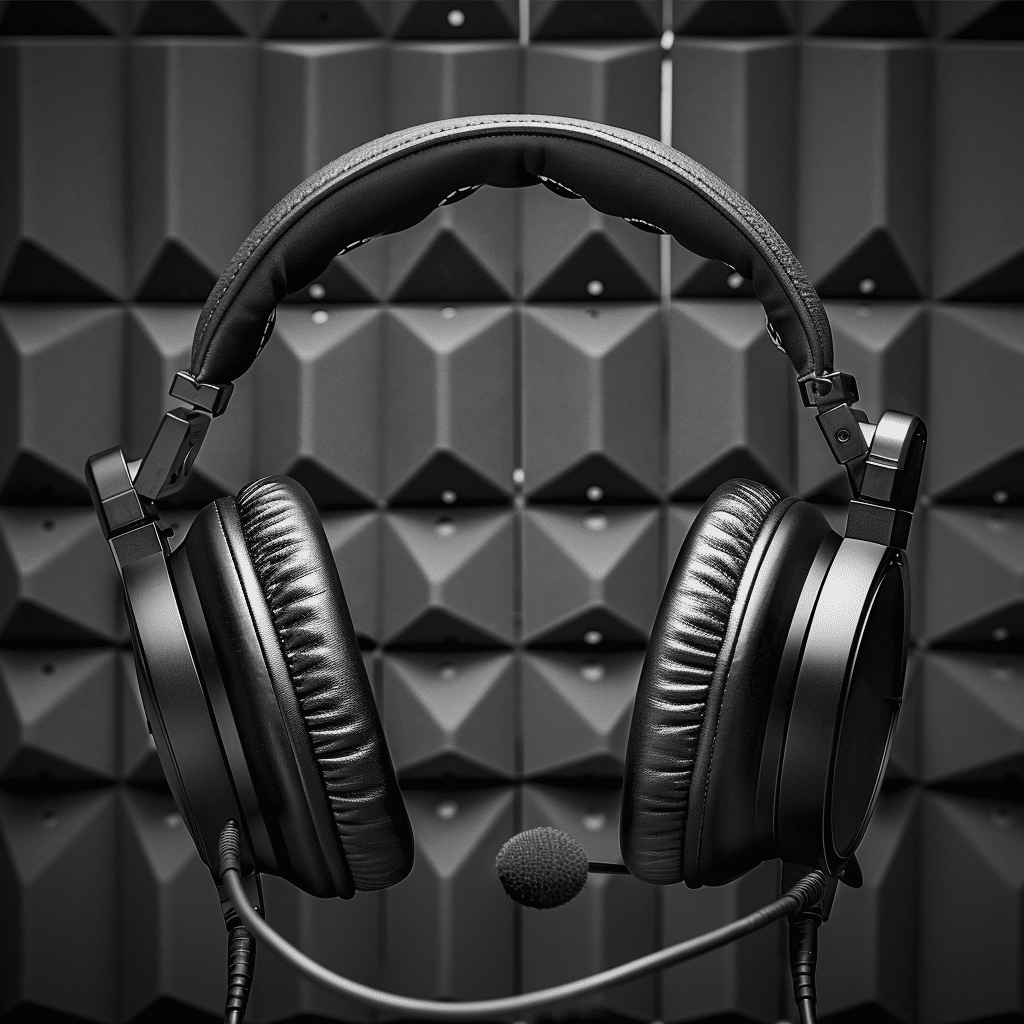 Professional headphones against an acoustic background, representing precision in sonic logo services and audio branding.