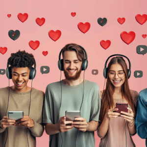 Diverse listeners with headphones surrounded by podcast icons and loyalty symbols, illustrating how podcasts increase customer loyalty