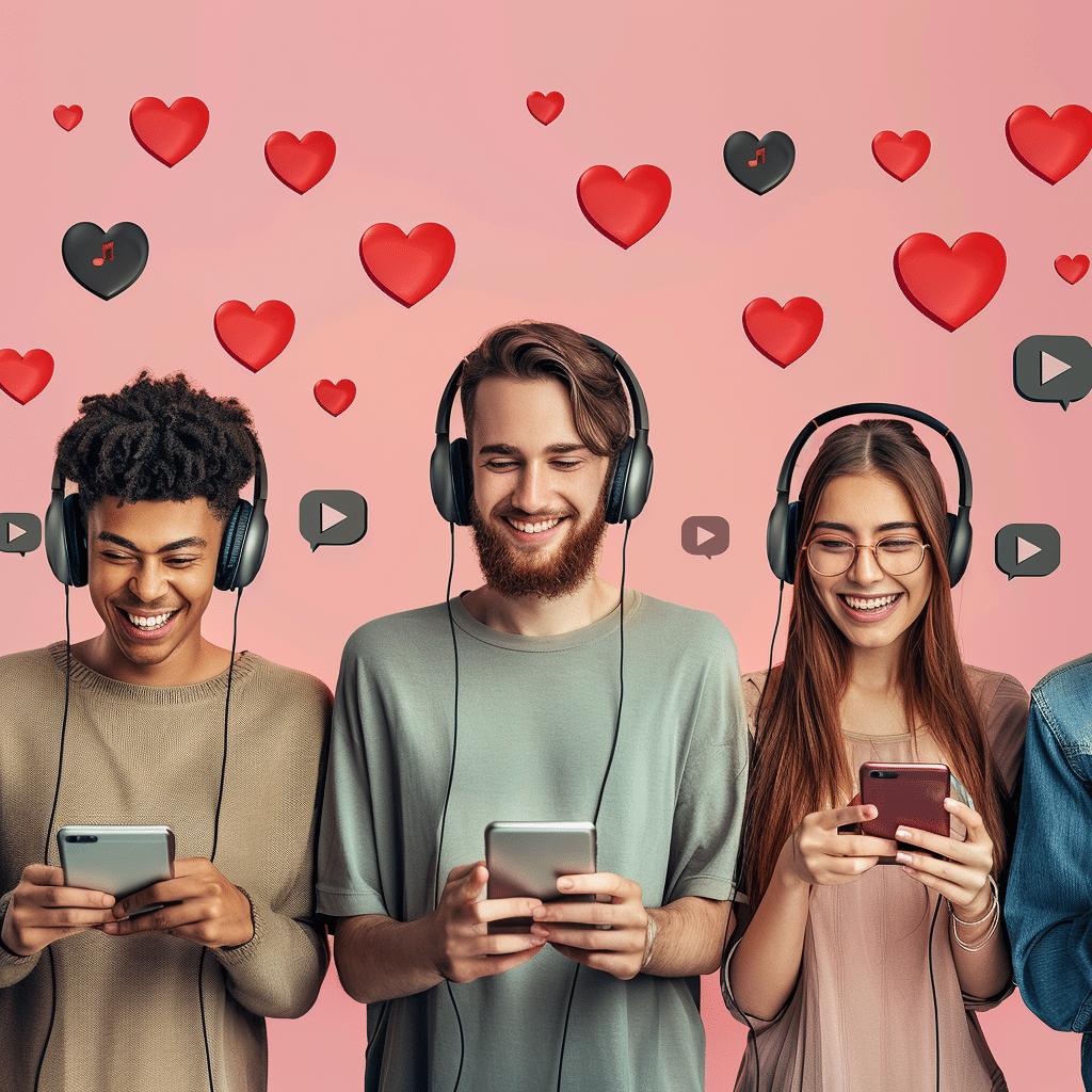 Diverse listeners with headphones surrounded by podcast icons and loyalty symbols, illustrating how podcasts increase customer loyalty